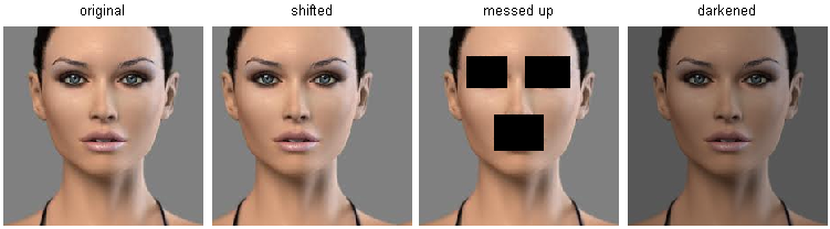 Pixel-based distances on high-dimensional data (and images especially) can be very unintuitive. An original image (left) and three other images next to it that are all equally far away from it based on L2 pixel distance. Clearly, the pixel-wise distance does not correspond at all to perceptual or semantic similarity.