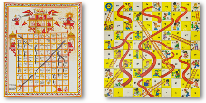 Game of Snakes and ladders (India, 19th century) & Chutes and Ladders by Milton Bradley