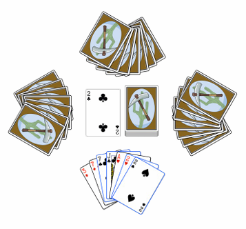 The player can choose to play any one of the cards highlighted with blue borders (7C, JC, 2H, 2S).